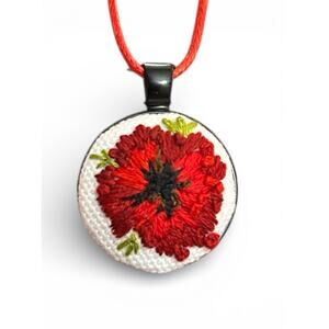 Embroidered Poppy in Black Bezel Charm Necklace